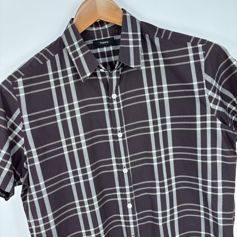 Theory Zack Plaid Short Sleeve Button Down Men M Eggplant Purple Luxury